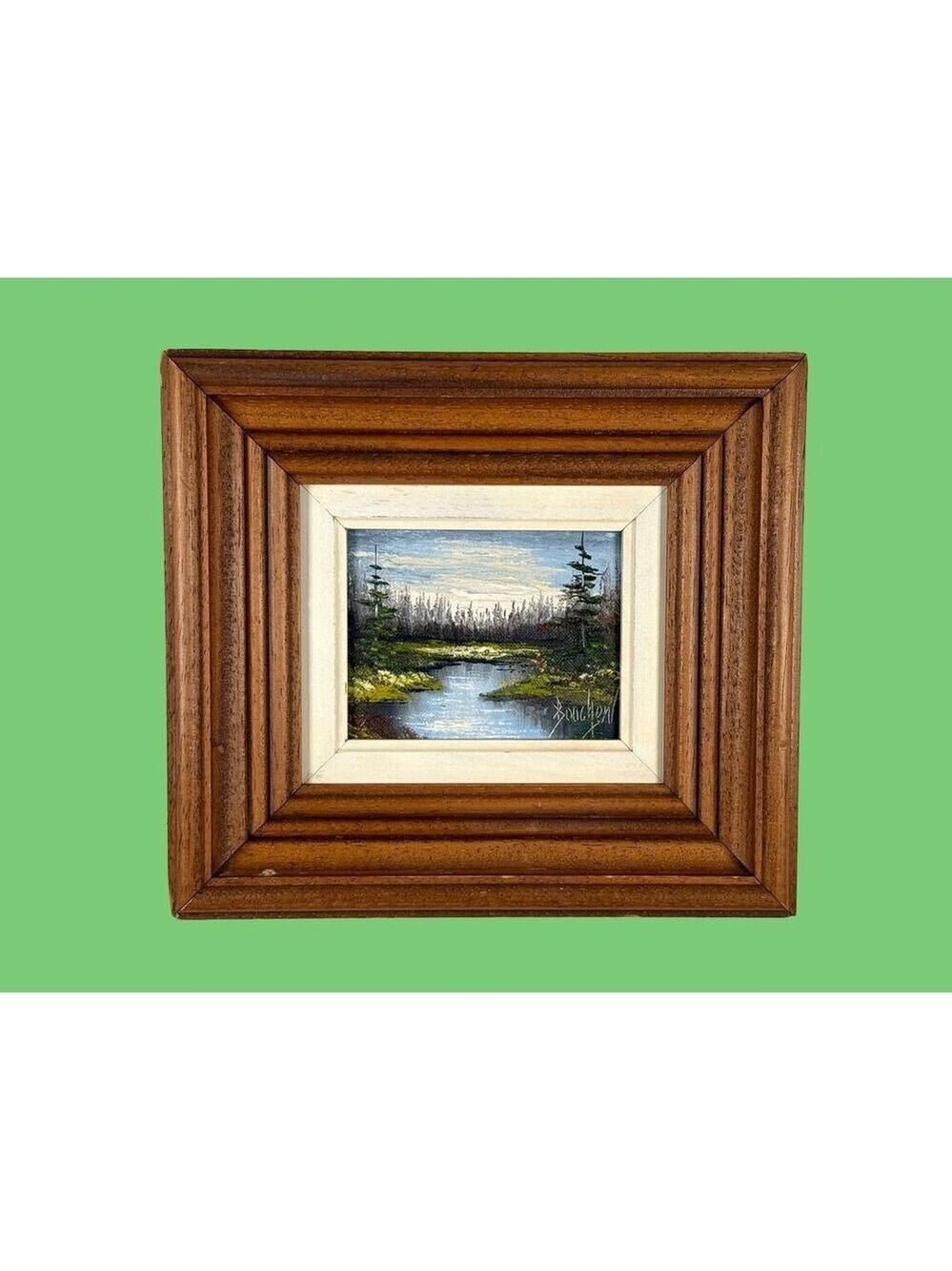 Vintage Miniature Oil Painting Signed Boucher Forest River Landscape Framed Art